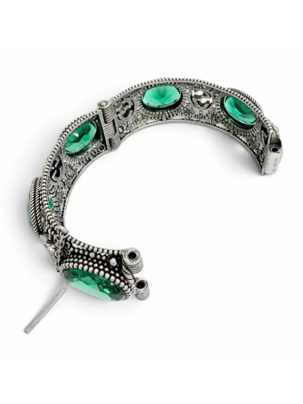 Gucci Interlocking G Flower Cat Head Green Color Stone Bangle Silver 16 Bracelet